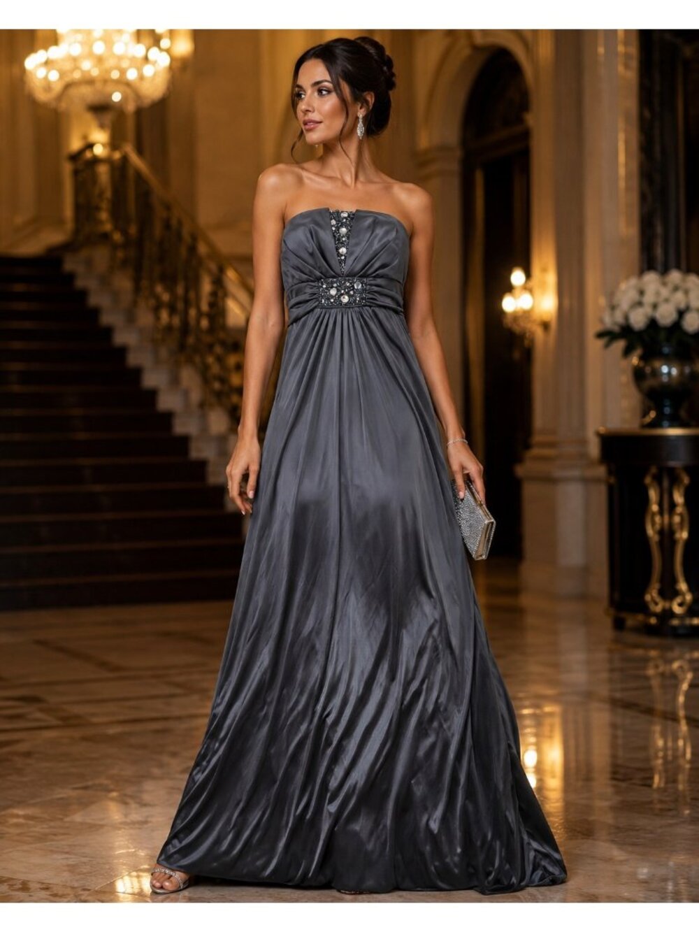 Strapless Gray Satin Evening Gown With Beaded Empire Waist My Michelle Small
